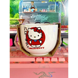 Hello Kitty Ramen Bowl Japanese Logo Ceramic Chopsticks 20oz Red Bow 2023 Sanrio